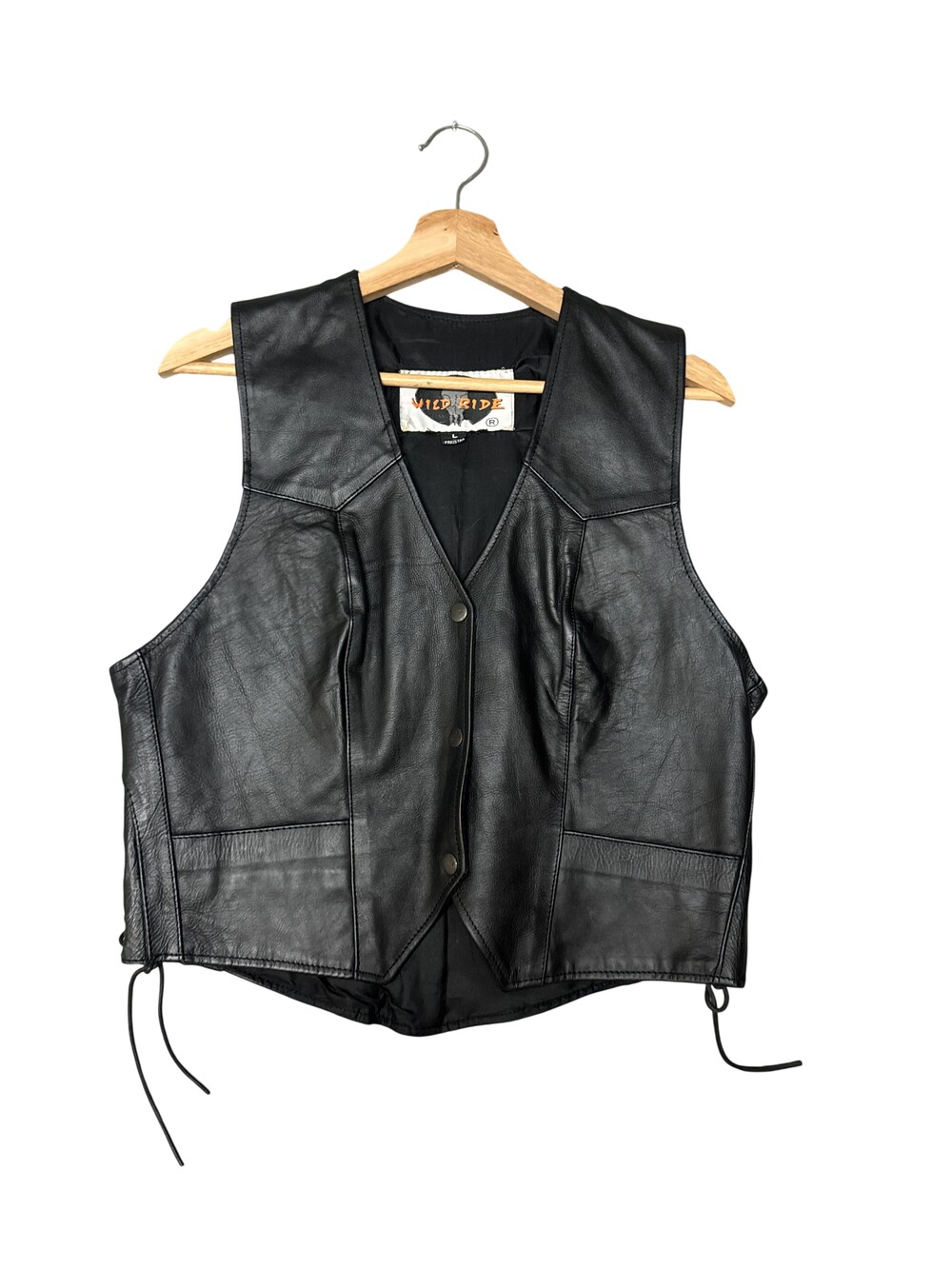 Vintage 90s Wild Ride Vest Womens Large Black Leather Biker Snap Laces Western
